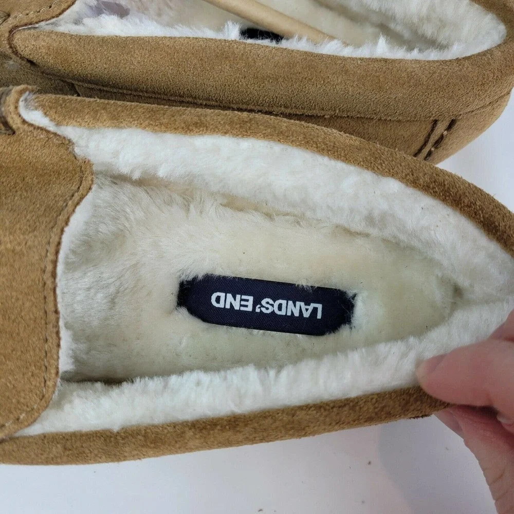 Lands' End Womens Suede Leather Moccasin Slippers English Tan NWT - Picture 8 of 12